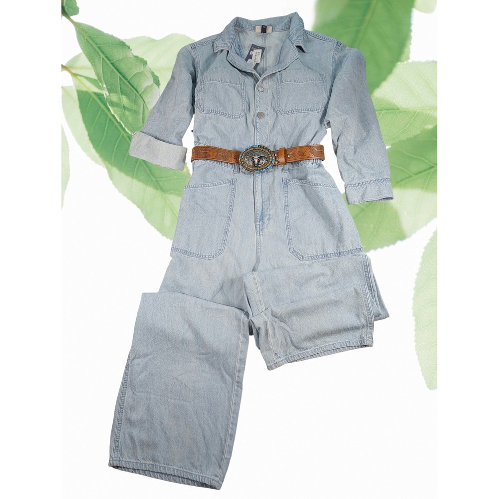 Denim Jumpsuit Sz 17 Light blue Stone Wash‎ Button Front Wide Leg Women's